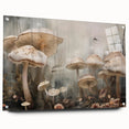 Acrylic glass wall art displaying a vibrant floral and botanical mushroom design, showcasing intricate details and vivid colors, mounted with decorative pins for a stylish presentation.