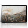 Framed wall art featuring a botanical design with vibrant flowers and mushrooms, set in a sleek black frame, perfect for home decor.
