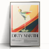 Large art print featuring colorful mid-century modernist food and drinks imagery on a silver-framed acrylic.