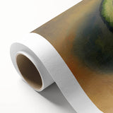 Art Deco style poster featuring an array of colorful fruits on a rolled canvas.