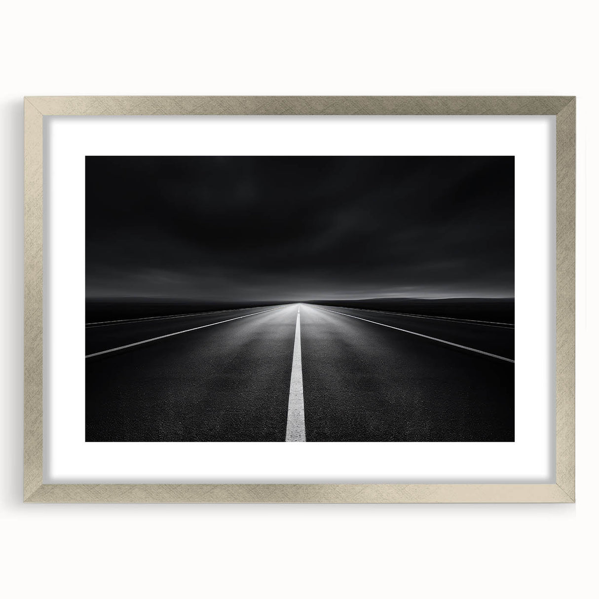 Silver landscape frame with mat, showcasing a modern art print, front view highlights sleek design, perfect for home decor or gallery display.