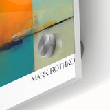 Large abstract wall art in vibrant red and orange tones on acrylic glass, ideal for dining room ambiance.