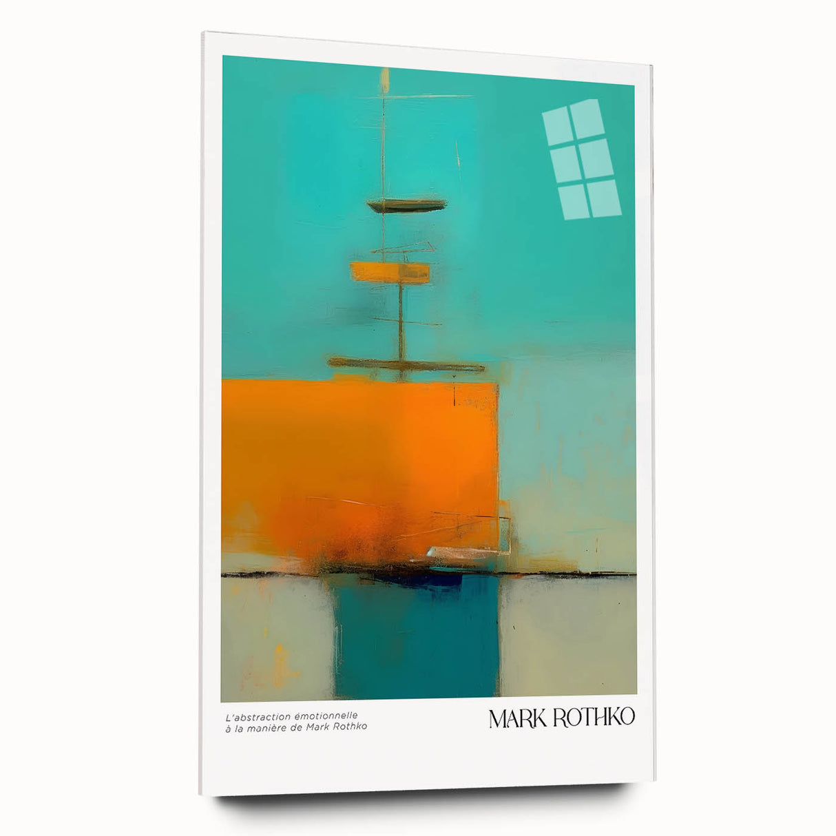 Large abstract wall art in blue and orange tones on acrylic glass, ideal for modern bedroom or dining room ambiance.