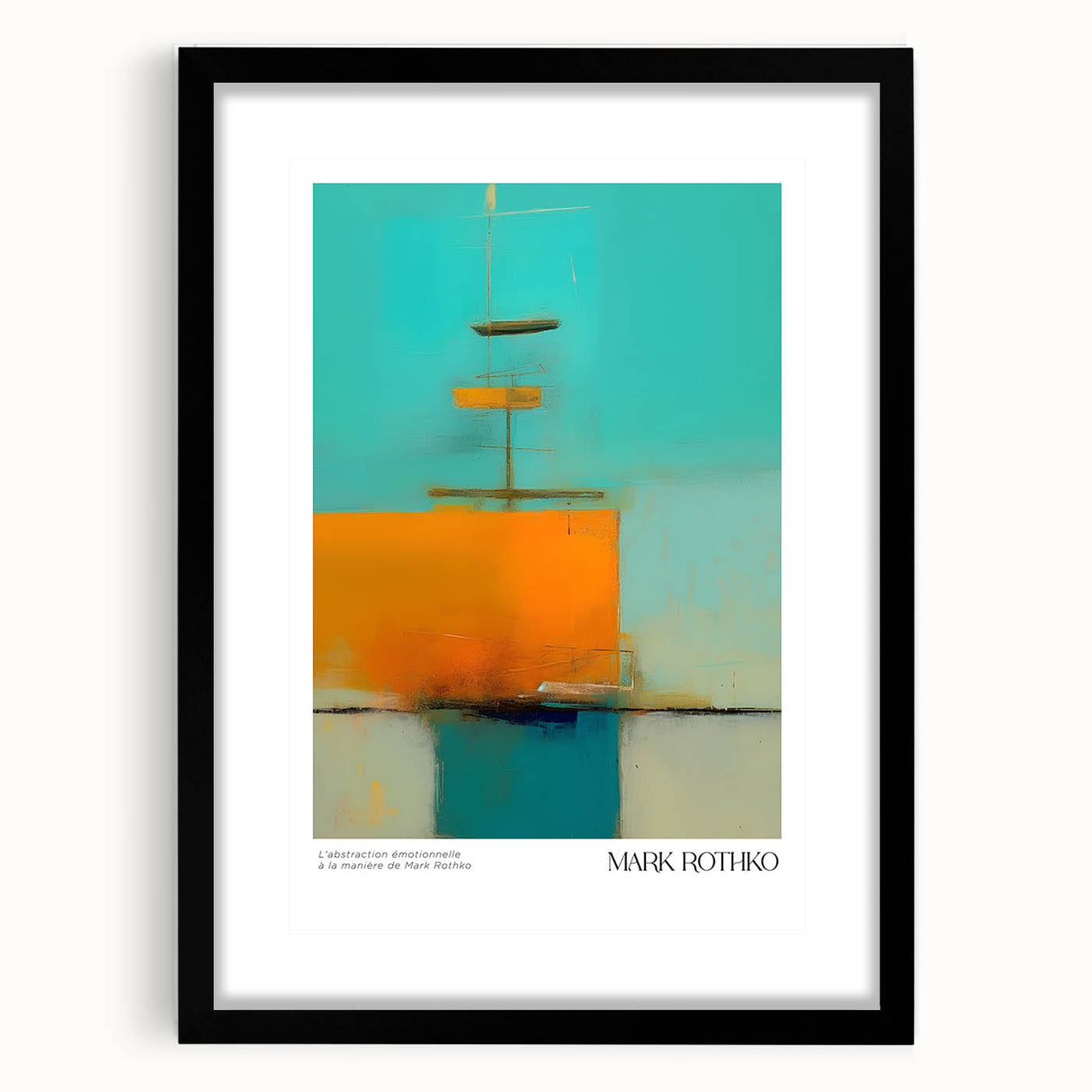 Extra large abstract art print with textured colorful blocks on canvas, framed in black, suitable for living room decor.