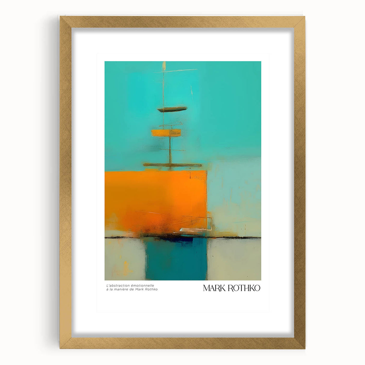 Extra large abstract art print in textured gold frame, featuring Rothko-inspired blocks of muted colors.