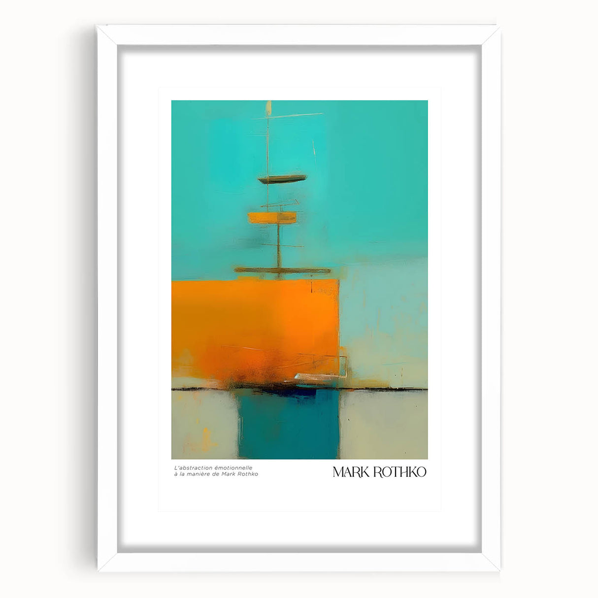 Abstract art print with vibrant red and orange tones on a white framed canvas.