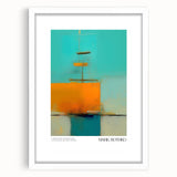 Abstract art print with vibrant red and orange tones on a white framed canvas.