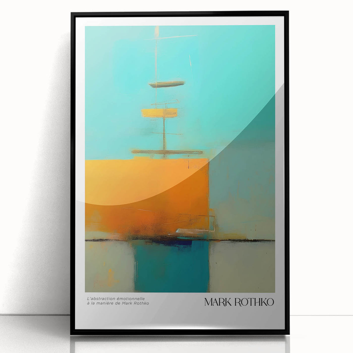 Large abstract wall art featuring vibrant red and orange blocks on a black acrylic framed canvas.
