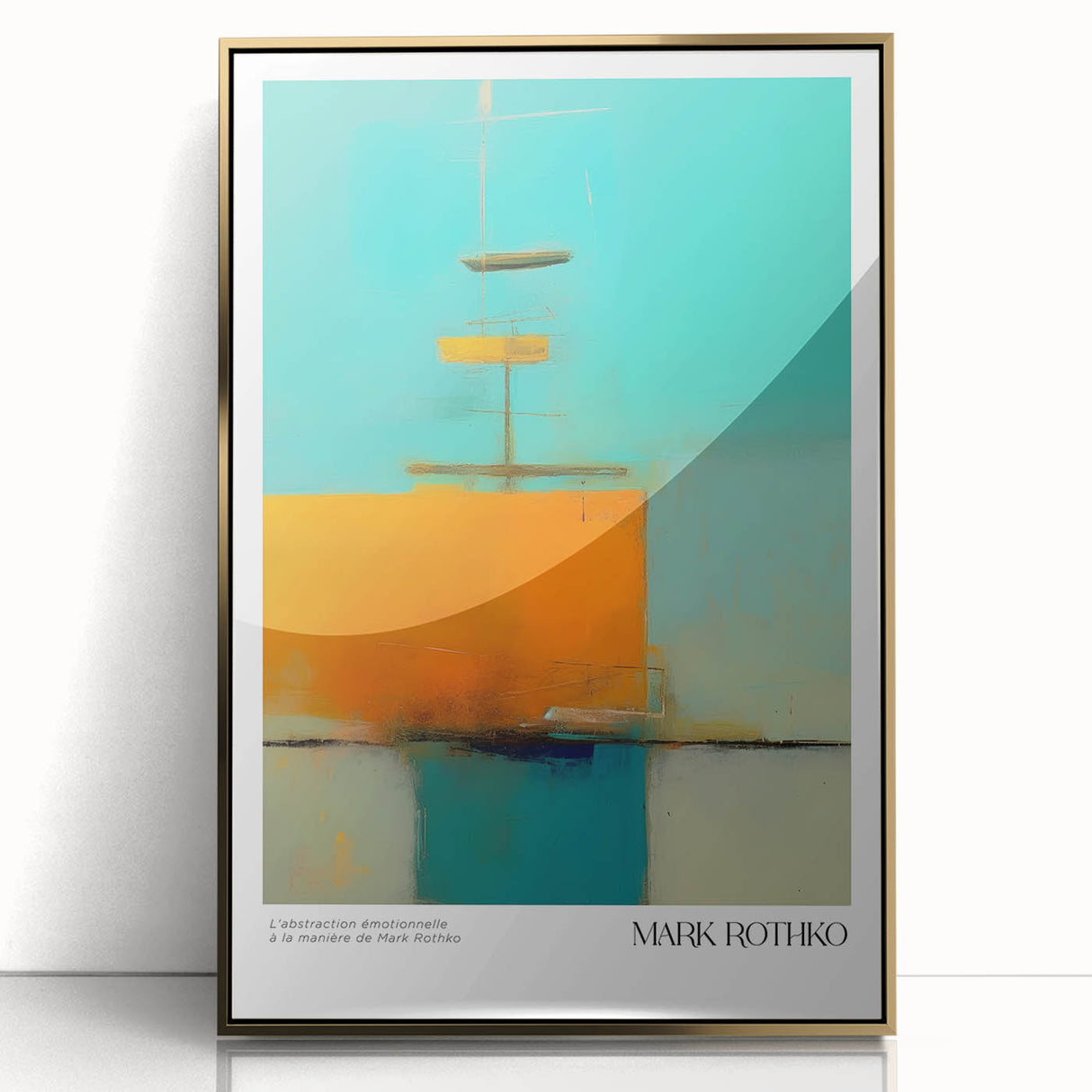 Large art print featuring a mid-century modernist style with abstract blocks in muted yellow and gold on acrylic.