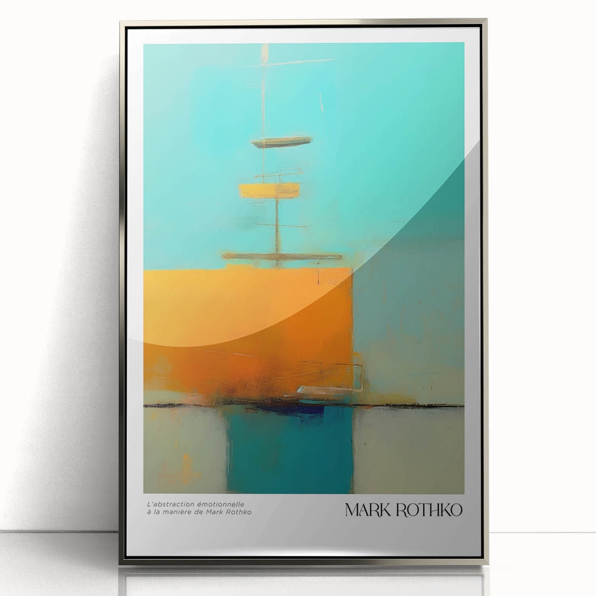 Mid-century modernist art featuring abstract blocks of vibrant red and muted blue on a framed acrylic print.