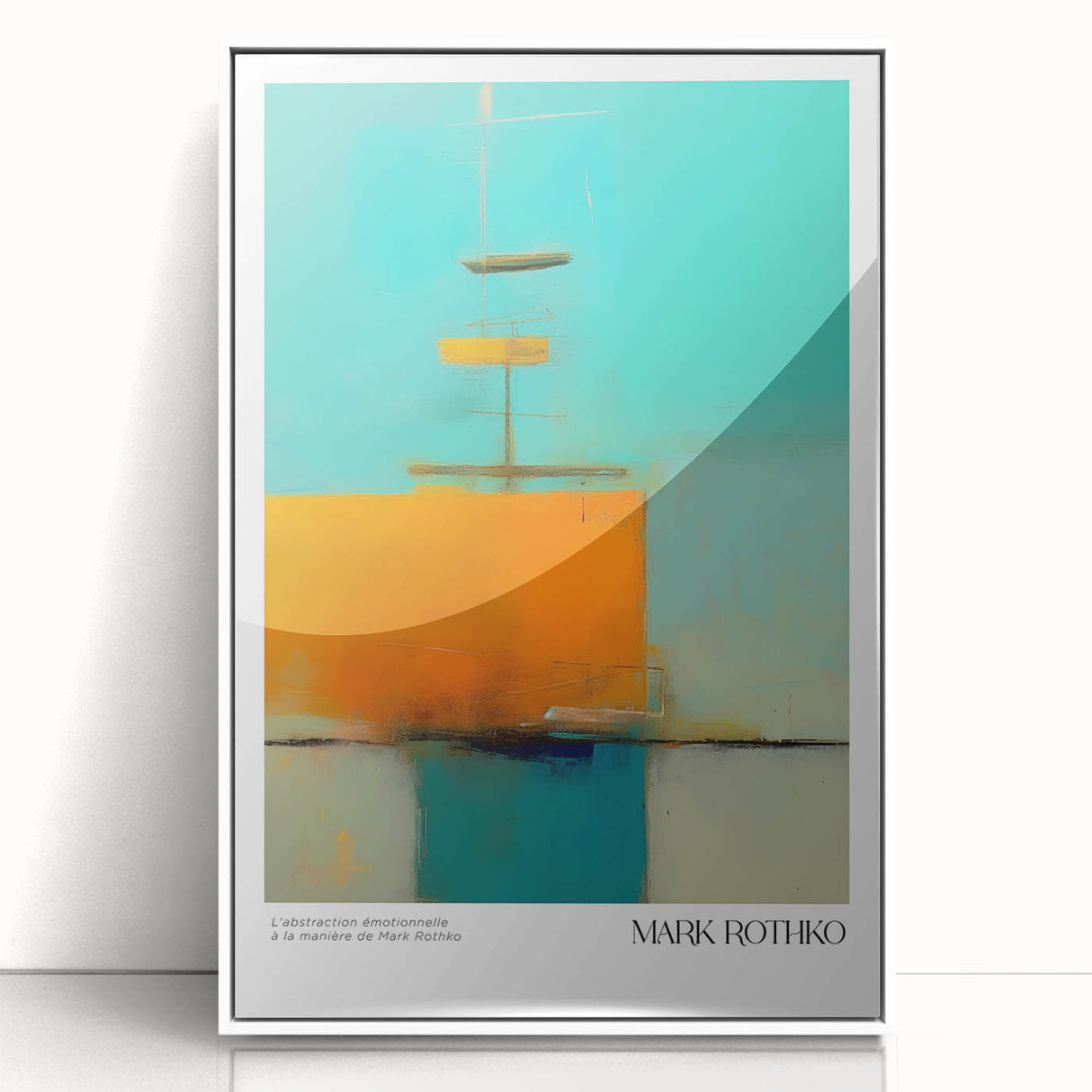 Modern art wall decor featuring abstract blocks of red and orange on a white acrylic framed poster.