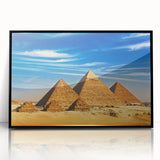 Large abstract wall art depicting an Egyptian landscape in muted earth tones on a framed acrylic.