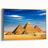 Vintage poster art of an Egyptian scene on a silver-framed canvas, featuring vibrant colors, ideal for living room decor.