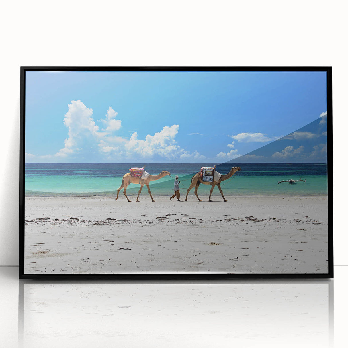 Large abstract wall art depicting a Kenyan scenery in black and white tones on framed acrylic.
