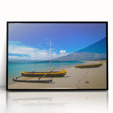 Large abstract wall art of Madagascar scenery in mid-century modernist style, acrylic framed in black.