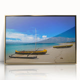 Mid-century modernist art depicting Madagascar scenery in gold tones on a framed acrylic, suitable for nursery wall decor.