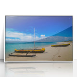 Large art print of a Madagascar scenery in mid-century modernist style, featuring vibrant earth tones on a framed acrylic.