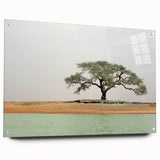 Large abstract wall art depicting an African Mali scenery on acrylic glass, featuring earth tones.
