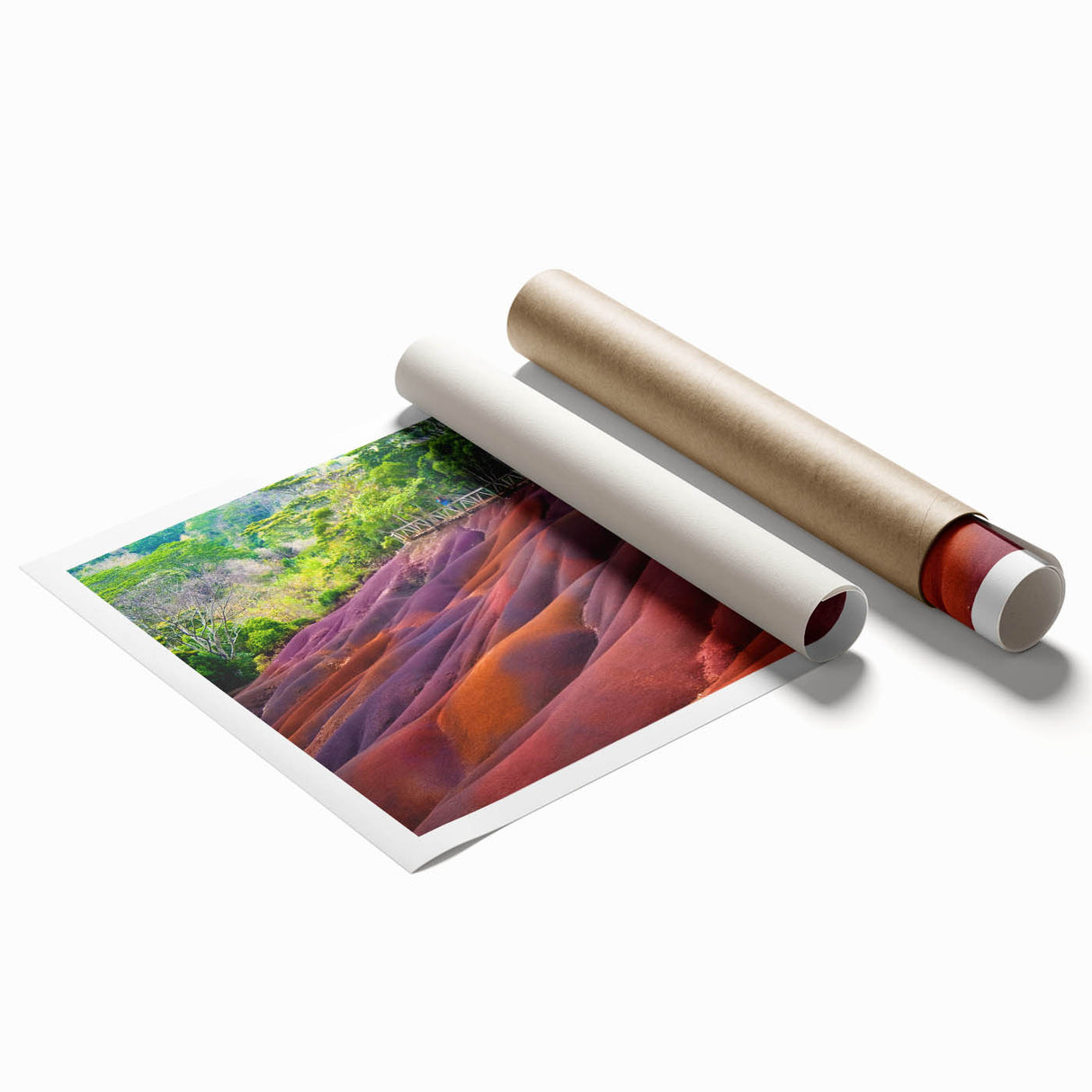 Extra large rolled print depicting a serene Mauritian landscape with lush floral elements in soft green and blue tones.