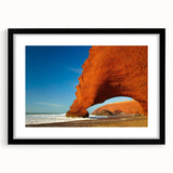Extra large abstract art print depicting a colorful Moroccan landscape on textured canvas, framed in black.