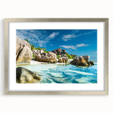 Extra large wall art featuring an abstract depiction of Seychelles in textured silver frame, ideal for living room decor.
