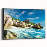 Black and white framed canvas of a Seychelles landscape, ideal for bedroom wall art.