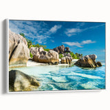 Vintage poster art of Seychelles landscape on framed canvas, featuring vibrant colors, ideal for living room decor.