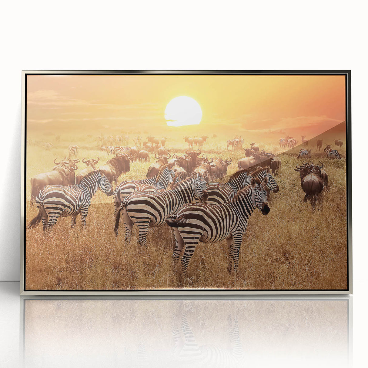Mid-century modernist art depicting a serene Tanzanian landscape on a silver-framed acrylic, suitable for nursery wall art.