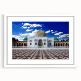 Abstract art print of a Tunisian landscape in muted earth tones on a framed white mat, suitable for dining room decor.