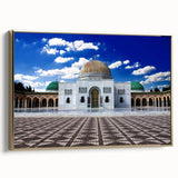 Framed canvas depicting a vintage-style Tunisian landscape in muted gold and black tones, ideal for bedroom wall art.