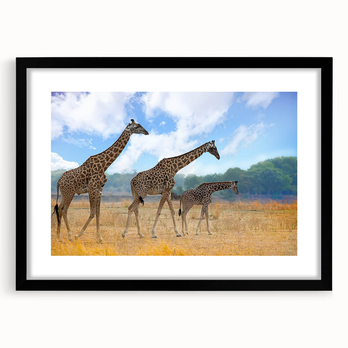 Colorful abstract art print of a vibrant African scenery on a large textured canvas, framed in black.