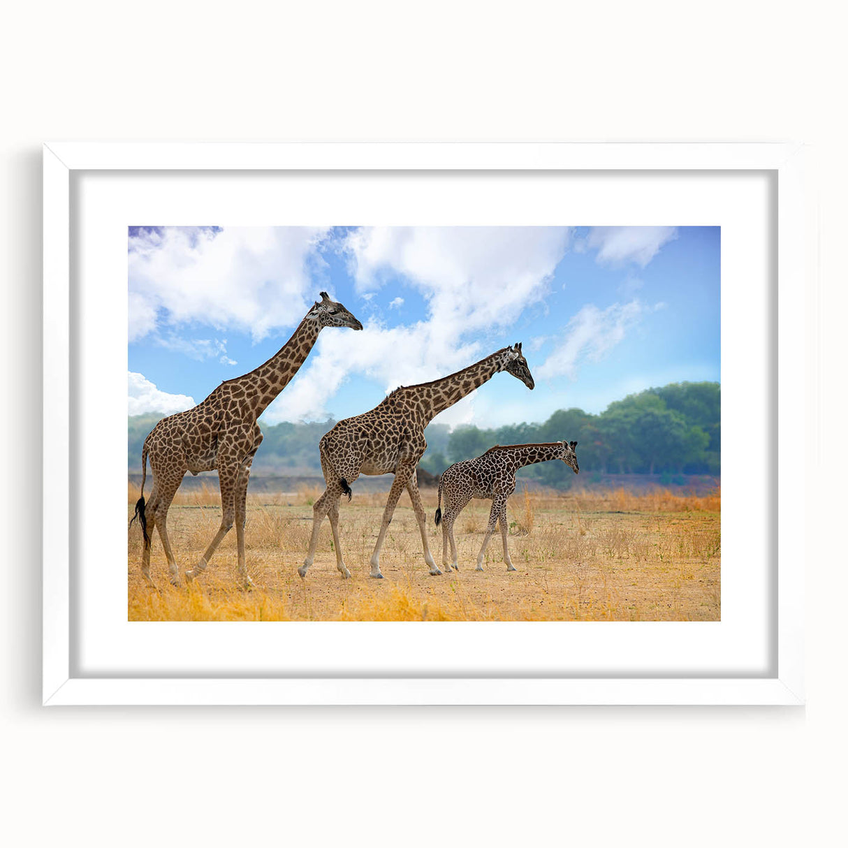 Abstract art print of African scenery in muted earth tones on a framed white mat, suitable for bedroom or dining room decor.