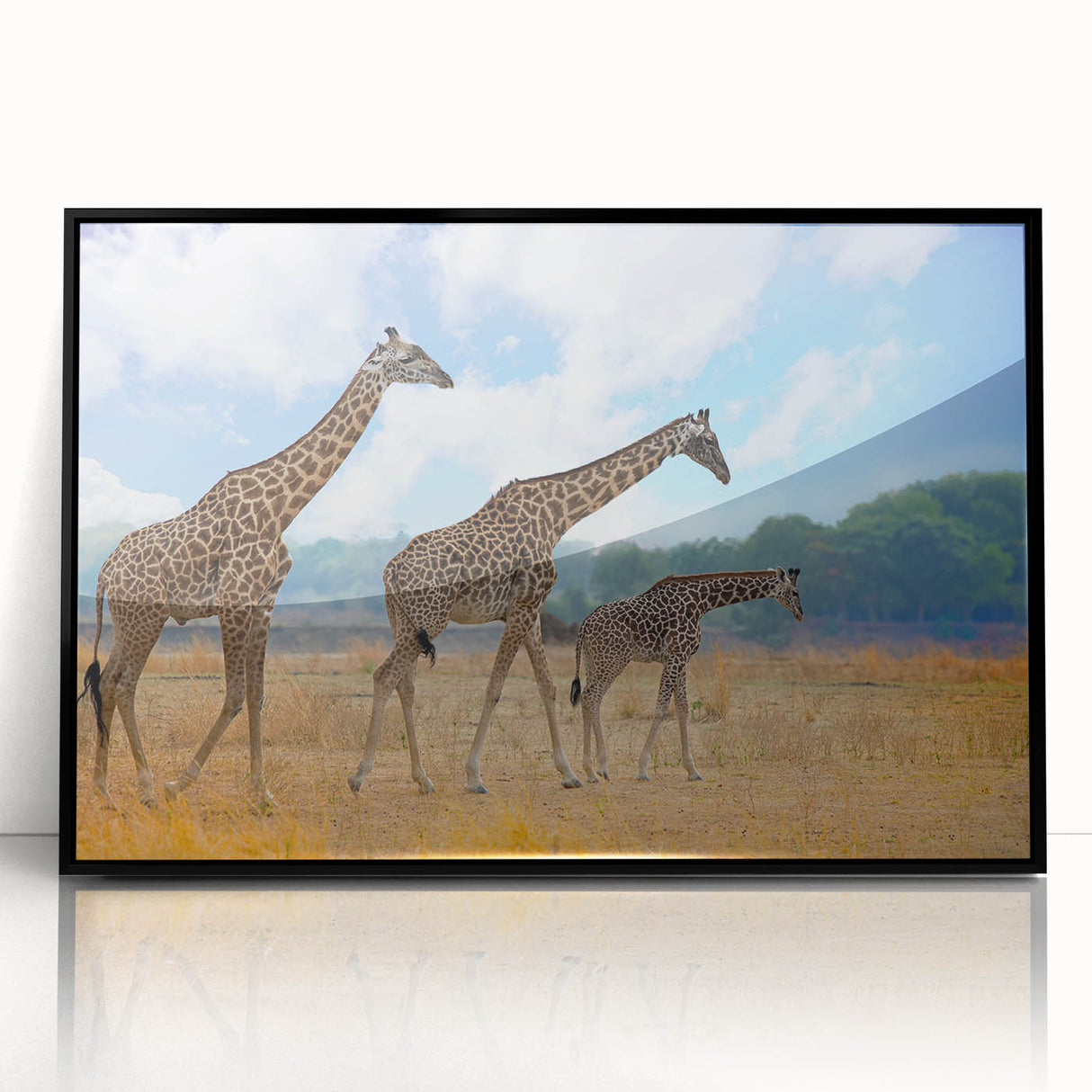 Large abstract wall art depicting a vibrant African landscape in acrylic, framed in black.