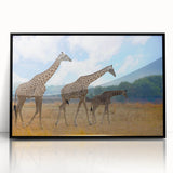 Large abstract wall art depicting a vibrant African landscape in acrylic, framed in black.