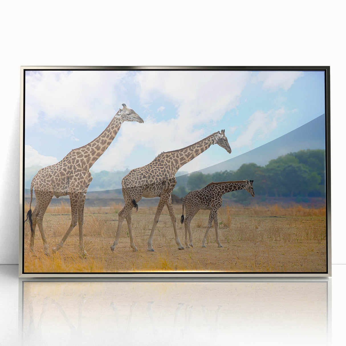 Mid-century modernist art depicting a serene African landscape in muted earth tones on a silver-framed acrylic print.