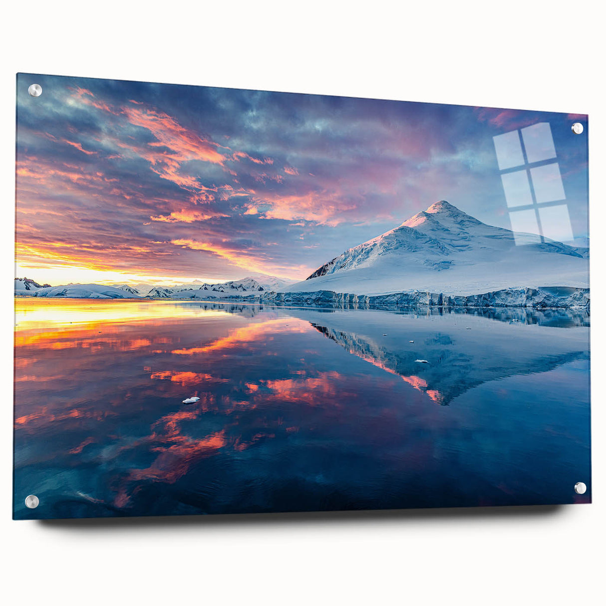 Antarctic landscape on large acrylic glass, featuring icy blue and white tones, suitable for bedroom or dining room decor.