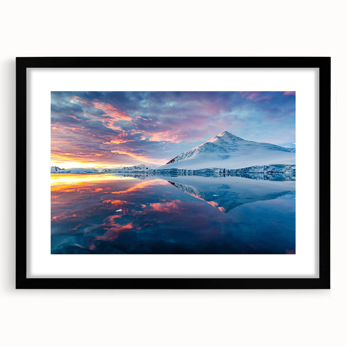 Abstract art print of Antarctic scenery in vibrant blue and white tones on a textured, extra large canvas, framed in black.