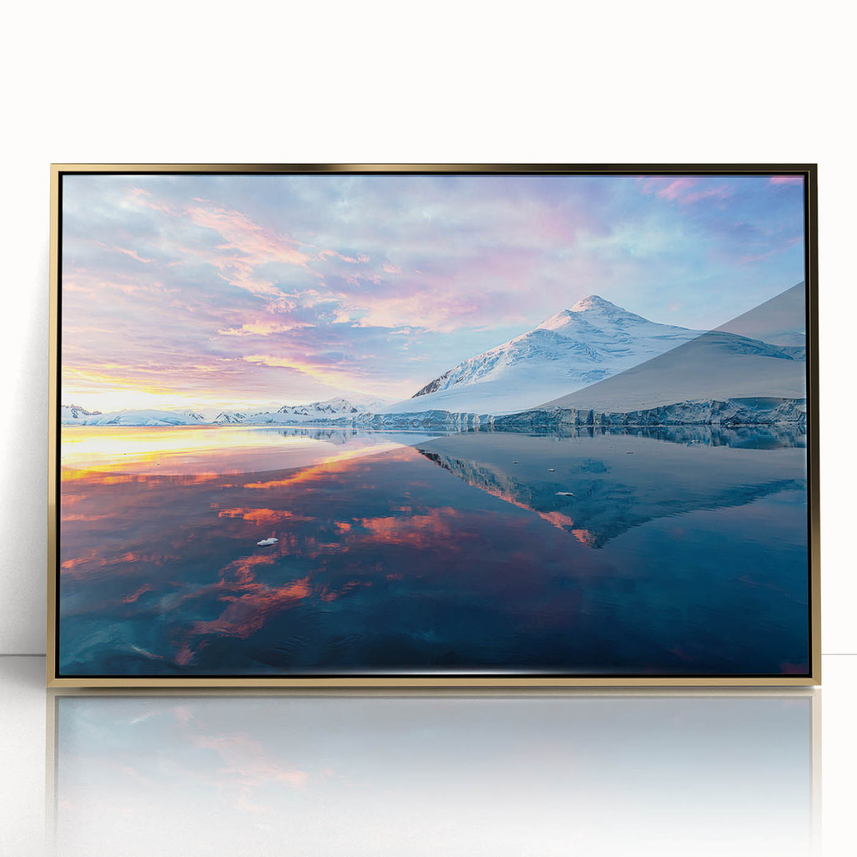 Framed acrylic print of a serene Antarctic landscape, featuring icy blues and whites, ideal for modern art wall decor.