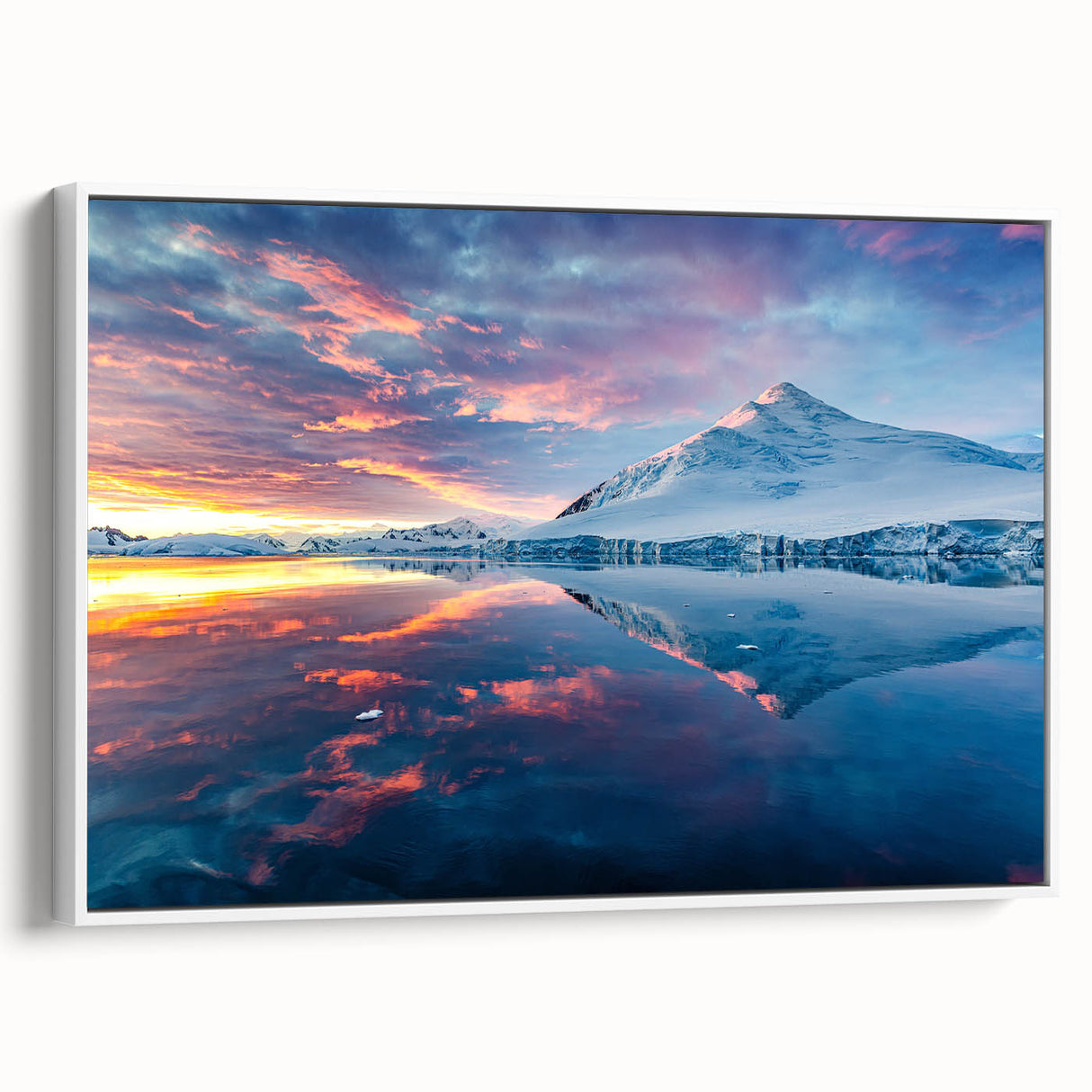 Vintage poster art of an Antarctic landscape on a framed canvas, featuring a palette of cool blues and whites.