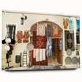 Large abstract wall art of an Asian scenery in muted earth tones on acrylic glass, ideal for bedroom or dining room decor.