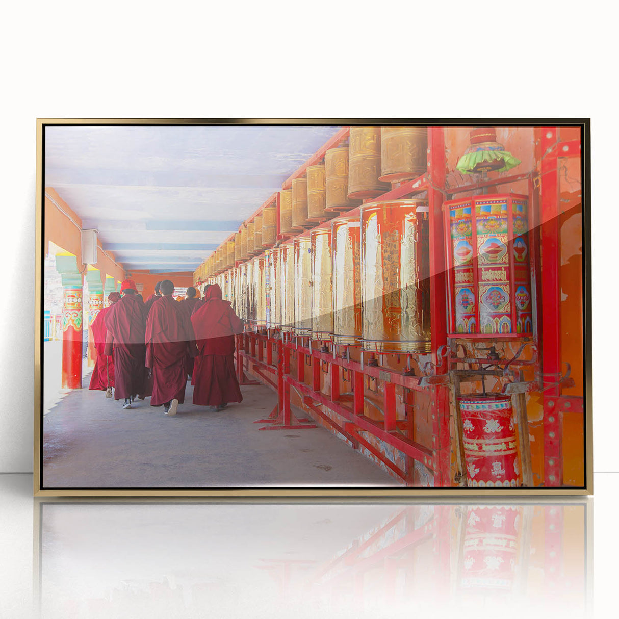 Large art print of a Bhutanese landscape in gold and green tones on acrylic, framed, ideal for modern art wall decor.