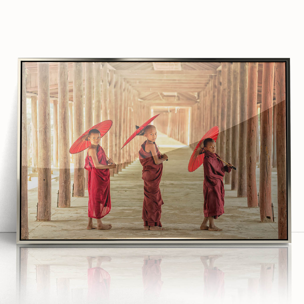 Mid-century modernist art depicting a serene Cambodian landscape in soft earth tones, framed in silver acrylic.