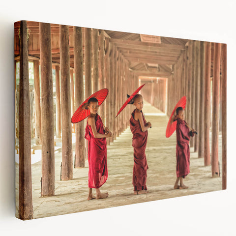 Side view of a large stretched canvas depicting a serene Cambodian landscape, ideal for kitchen wall art.