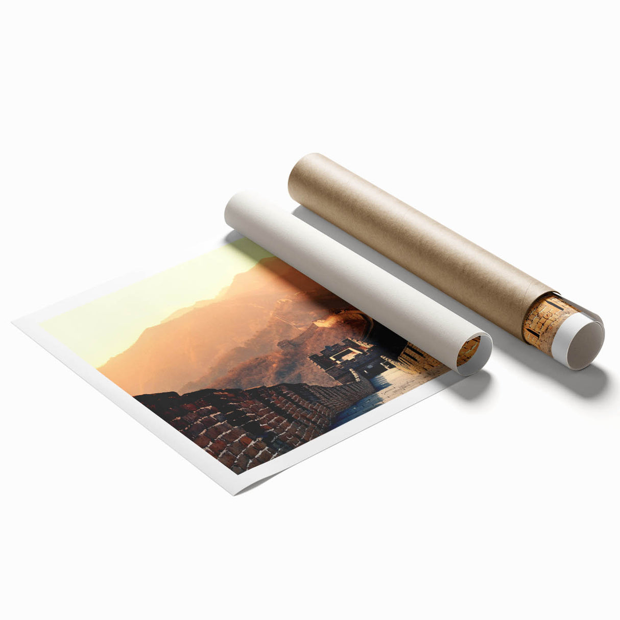 Extra large rolled canvas print featuring a serene Beijing landscape with soft pink floral accents.