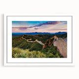 Abstract art print of the Great Wall of China in muted earth tones on a framed white canvas, suitable for dining room decor.