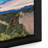 Close-up of a textured black wall art depicting the Great Wall of China in vibrant colors on a framed canvas.