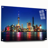 Large abstract wall art of Shanghai skyline in muted blue and gray, acrylic glass format.
