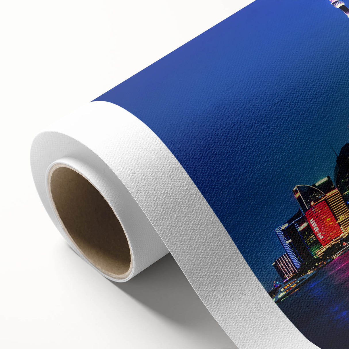 Art deco poster of Shanghai skyline in muted gray and blue tones on rolled canvas, suitable for dining room decor.