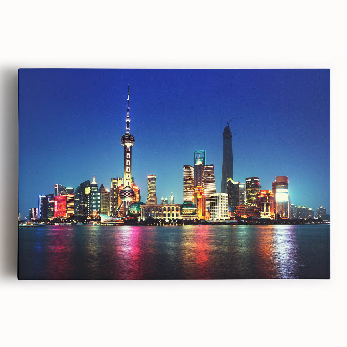 Black and white stretched canvas of Shanghai skyline, ideal for kitchen wall art.