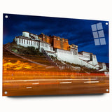 Large abstract wall art depicting a Tibetan landscape in muted earth tones on acrylic glass, suitable for dining room decor.